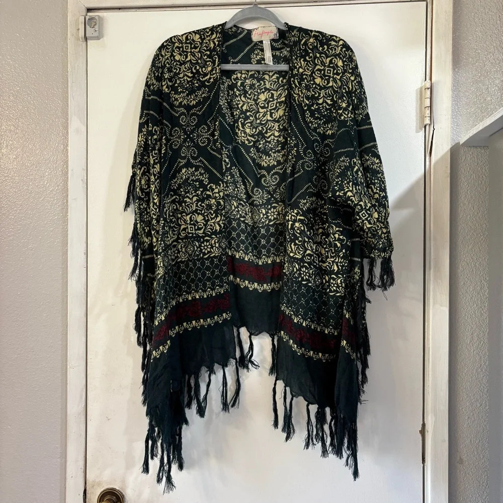 Free People Kimono Wrap Cardigan Sweater Fringe Printed Green Short Sleeve